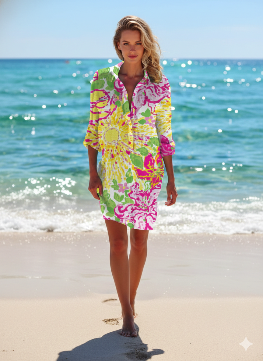 Shirt Dress with Tie-Dye Print and Button-Down Front, Lightweight Breathable Fabric