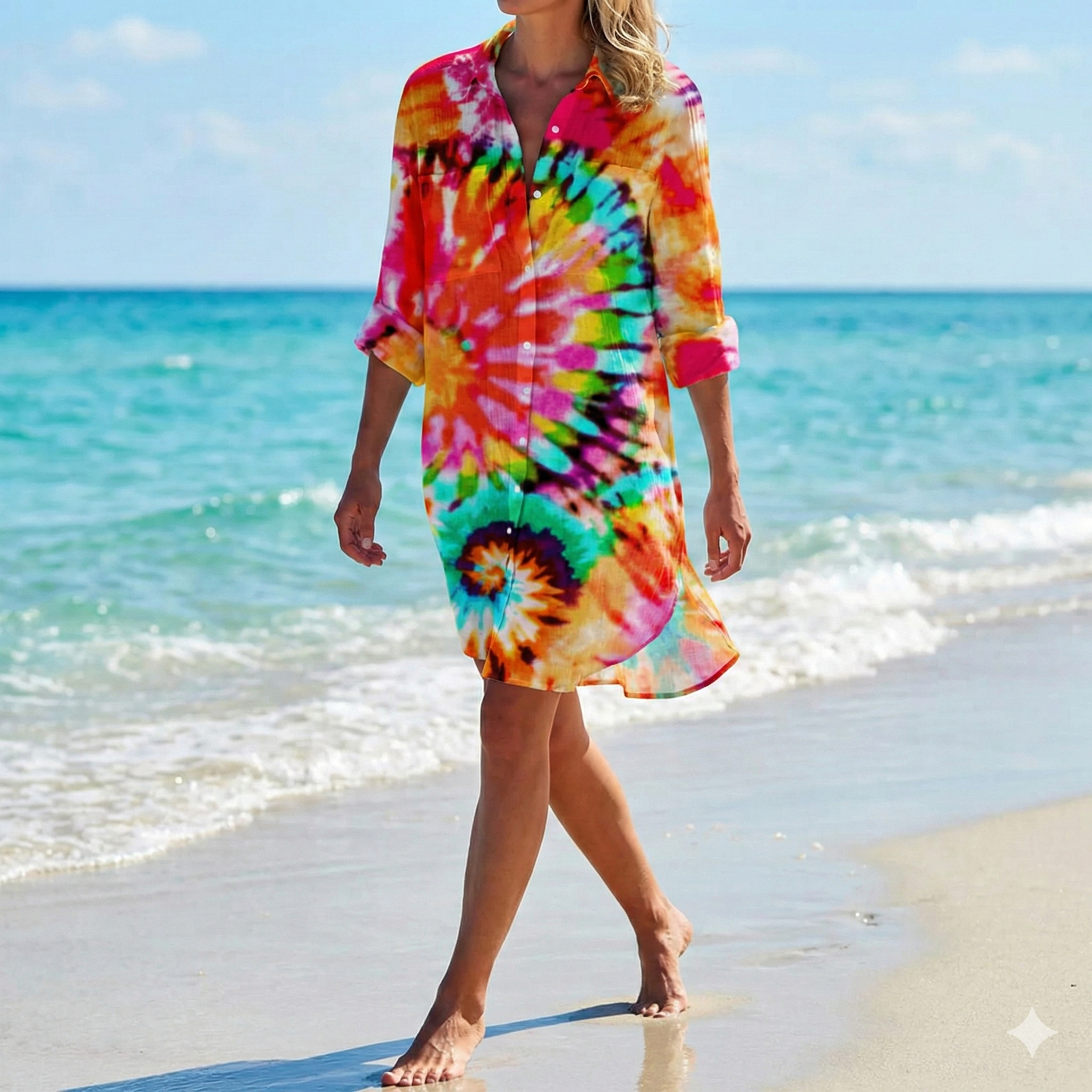 Shirt Dress with Tie-Dye Print and Button-Down Front, Lightweight Breathable Fabric