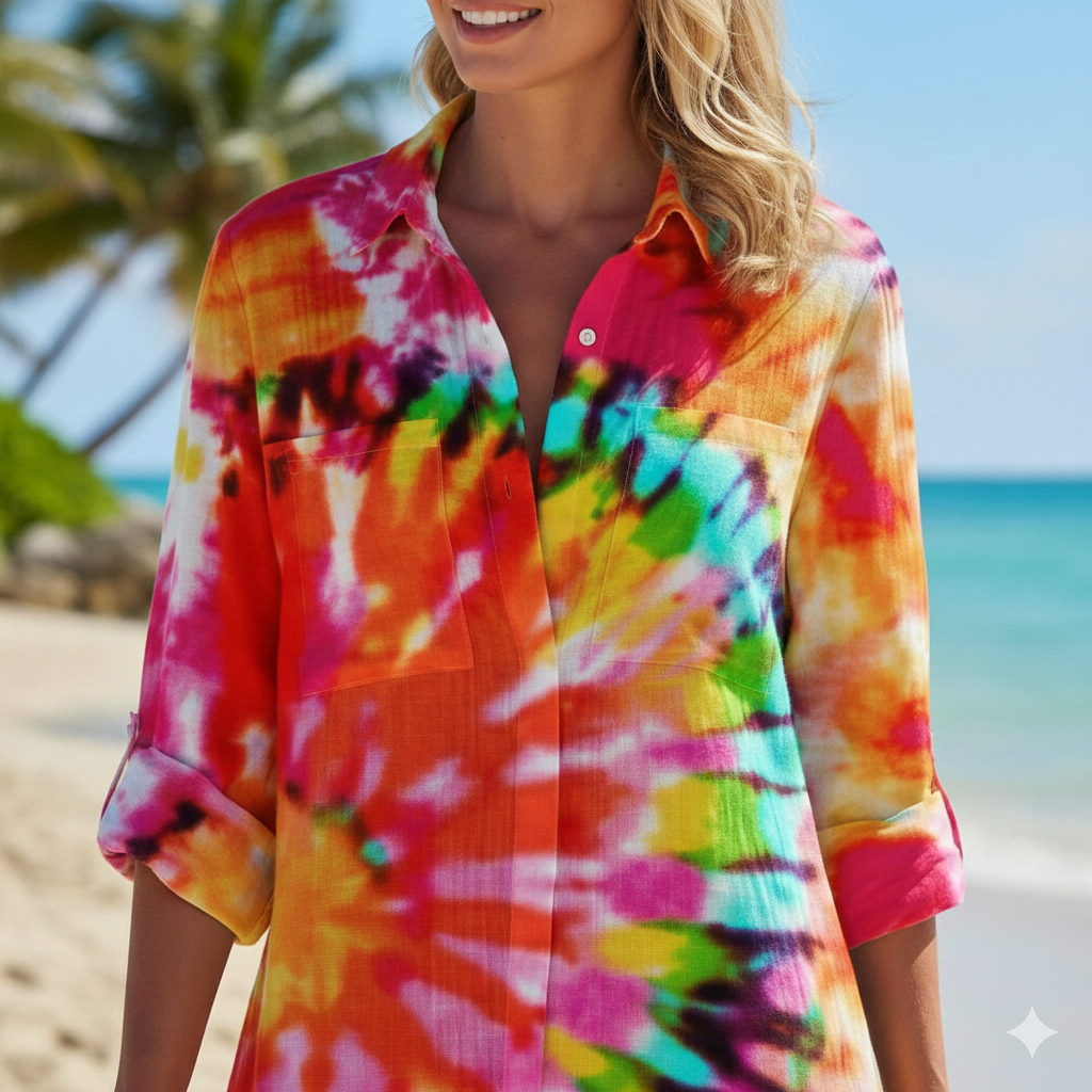 Shirt Dress with Tie-Dye Print and Button-Down Front, Lightweight Breathable Fabric