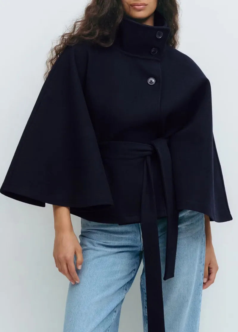 Short Cape Coat for Women with Funnel Neck and Tie Belt, Wide Cape Sleeves