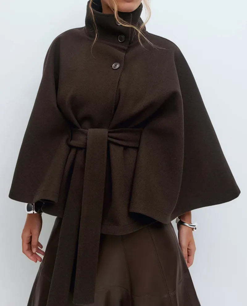 Short Cape Coat for Women with Funnel Neck and Tie Belt, Wide Cape Sleeves