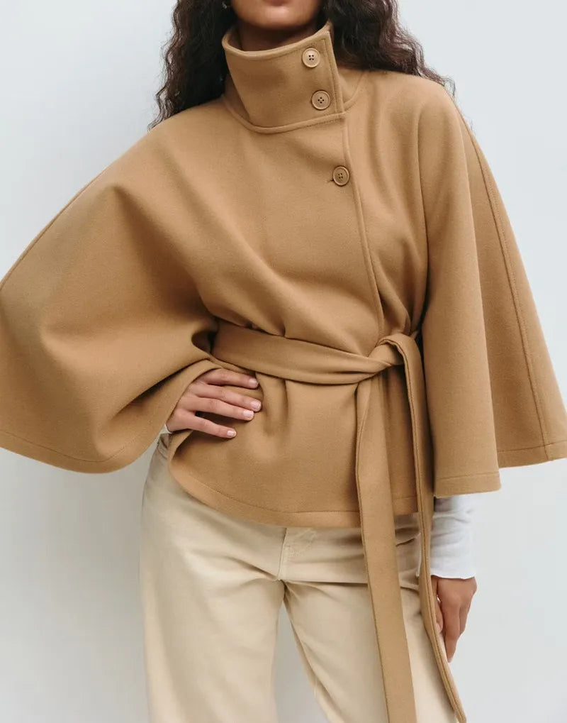 Short Cape Coat for Women with Funnel Neck and Tie Belt, Wide Cape Sleeves