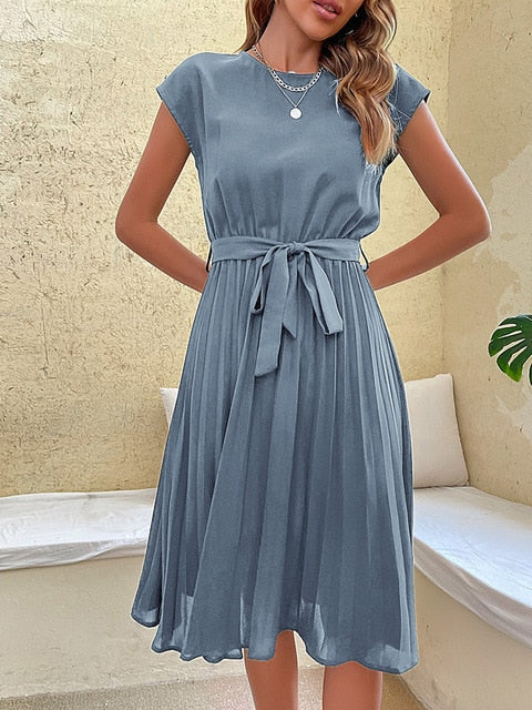 Pleated Midi Dress with Relaxed Fit for Summer Casual Wear