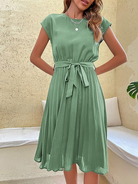 Pleated Midi Dress with Relaxed Fit for Summer Casual Wear