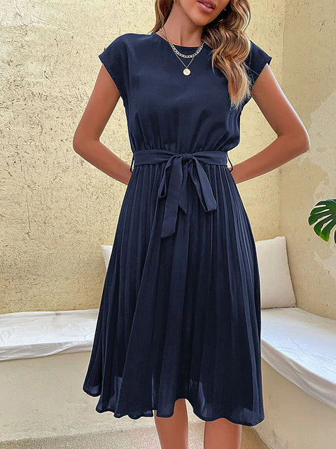 Pleated Midi Dress with Relaxed Fit for Summer Casual Wear