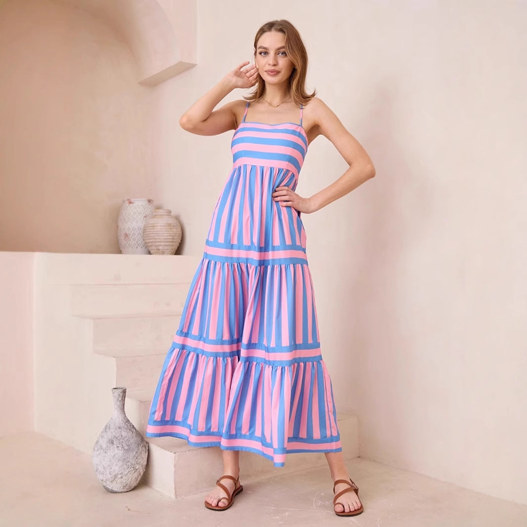 Women's Tiered Maxi Dress with Vertical Stripes and Side Pockets