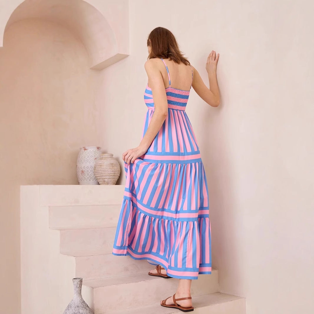 Women's Tiered Maxi Dress with Vertical Stripes and Side Pockets