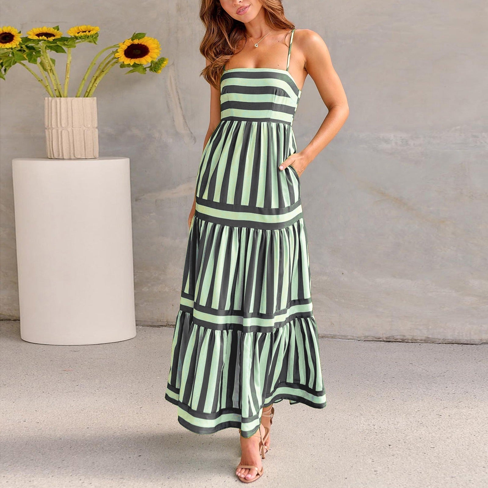 Women's Tiered Maxi Dress with Vertical Stripes and Side Pockets