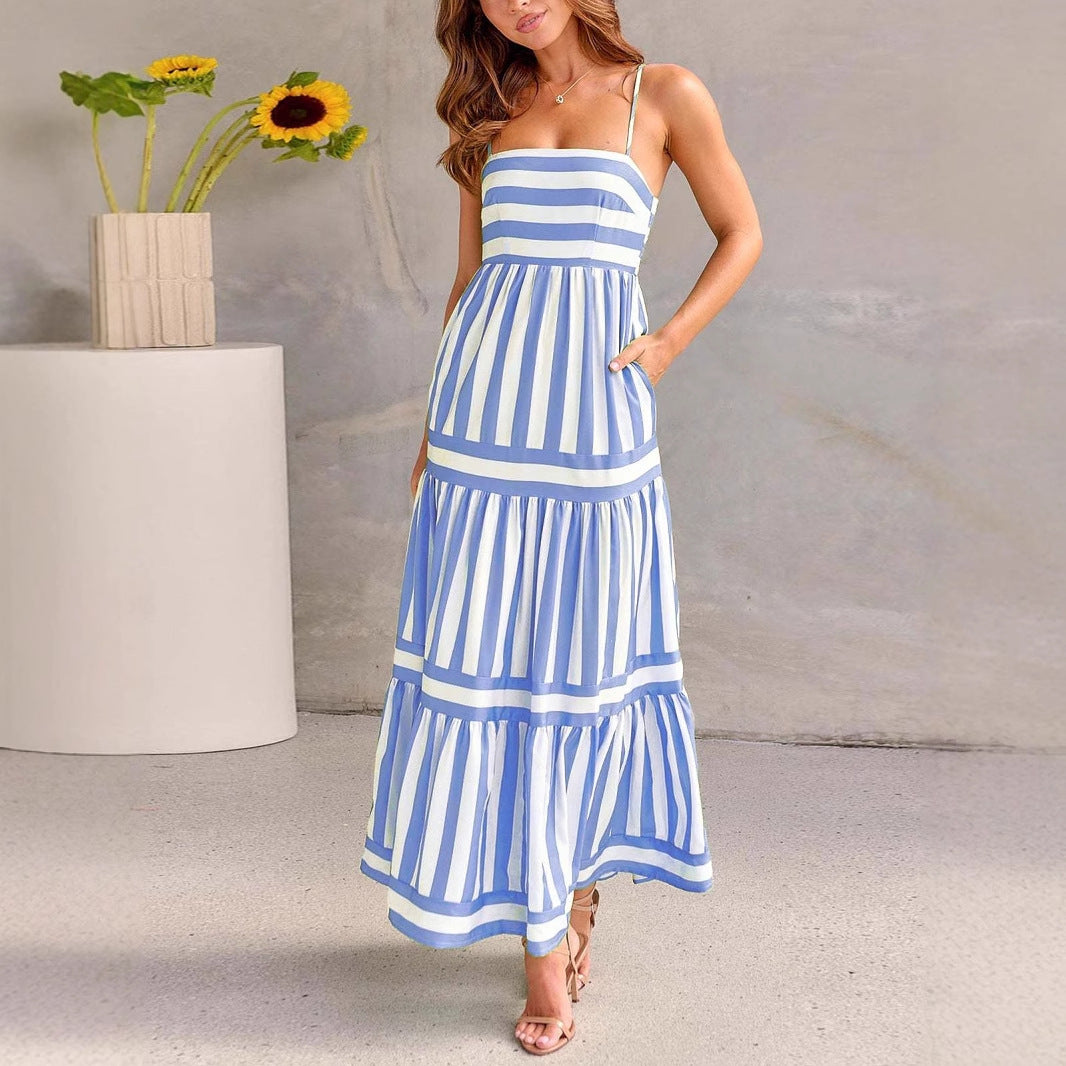 Women's Tiered Maxi Dress with Vertical Stripes and Side Pockets