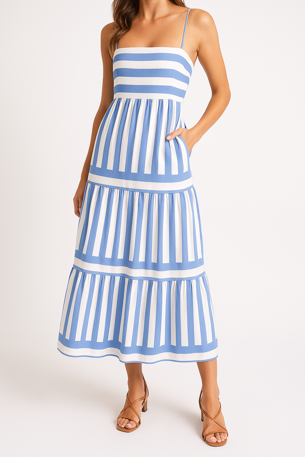 Women's Tiered Maxi Dress with Vertical Stripes and Side Pockets