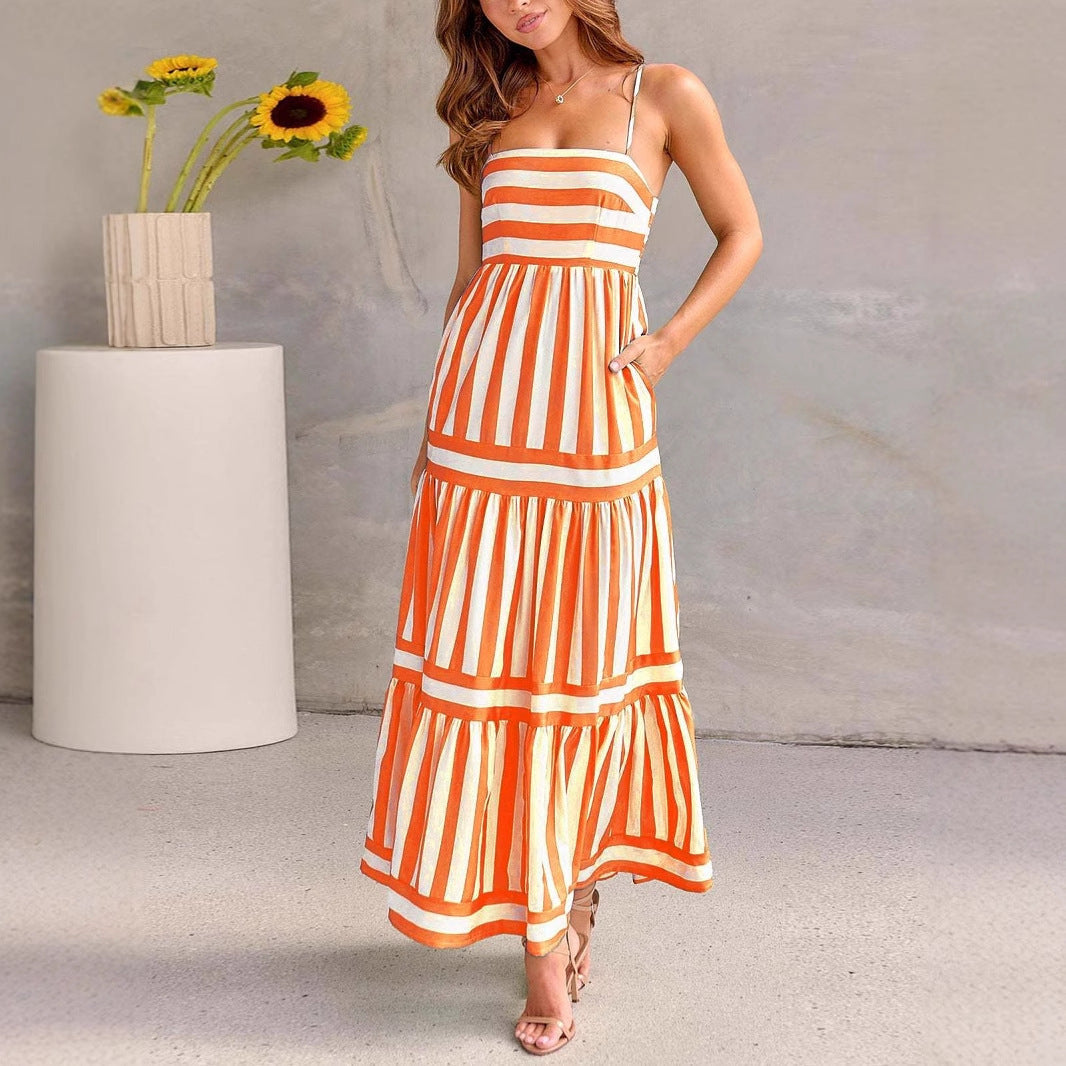 Women's Tiered Maxi Dress with Vertical Stripes and Side Pockets