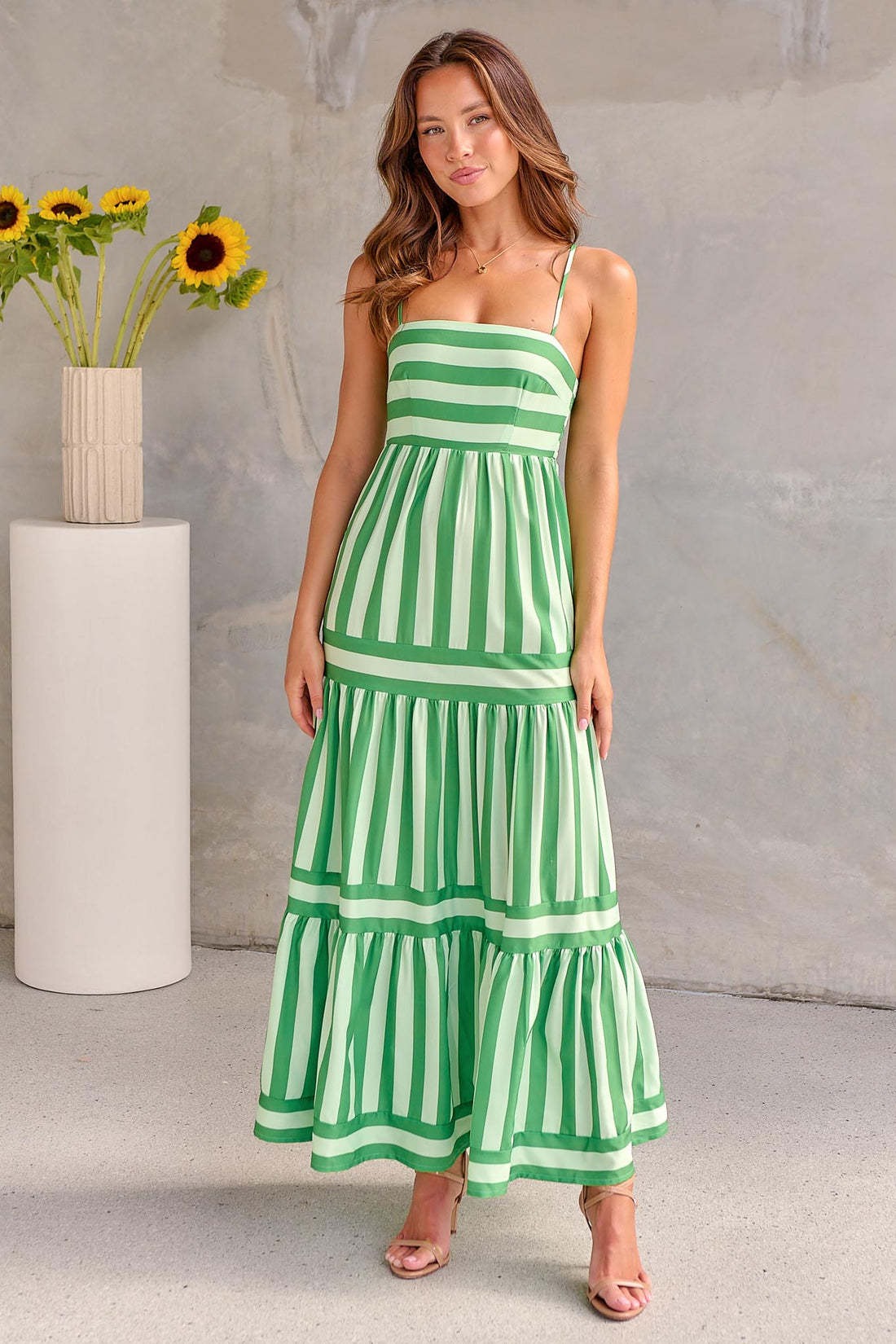 Women's Tiered Maxi Dress with Vertical Stripes and Side Pockets