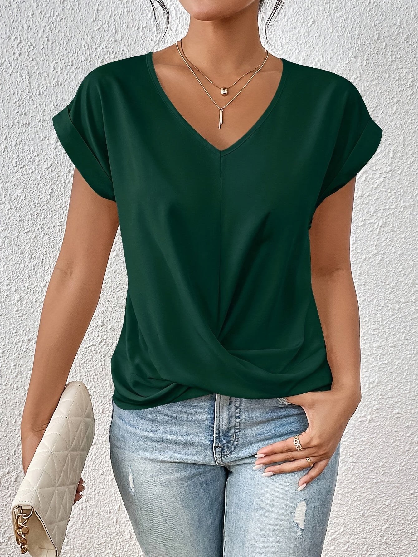 V-Neck Twist Front T-Shirt for Women with Short Sleeves and Relaxed Fit