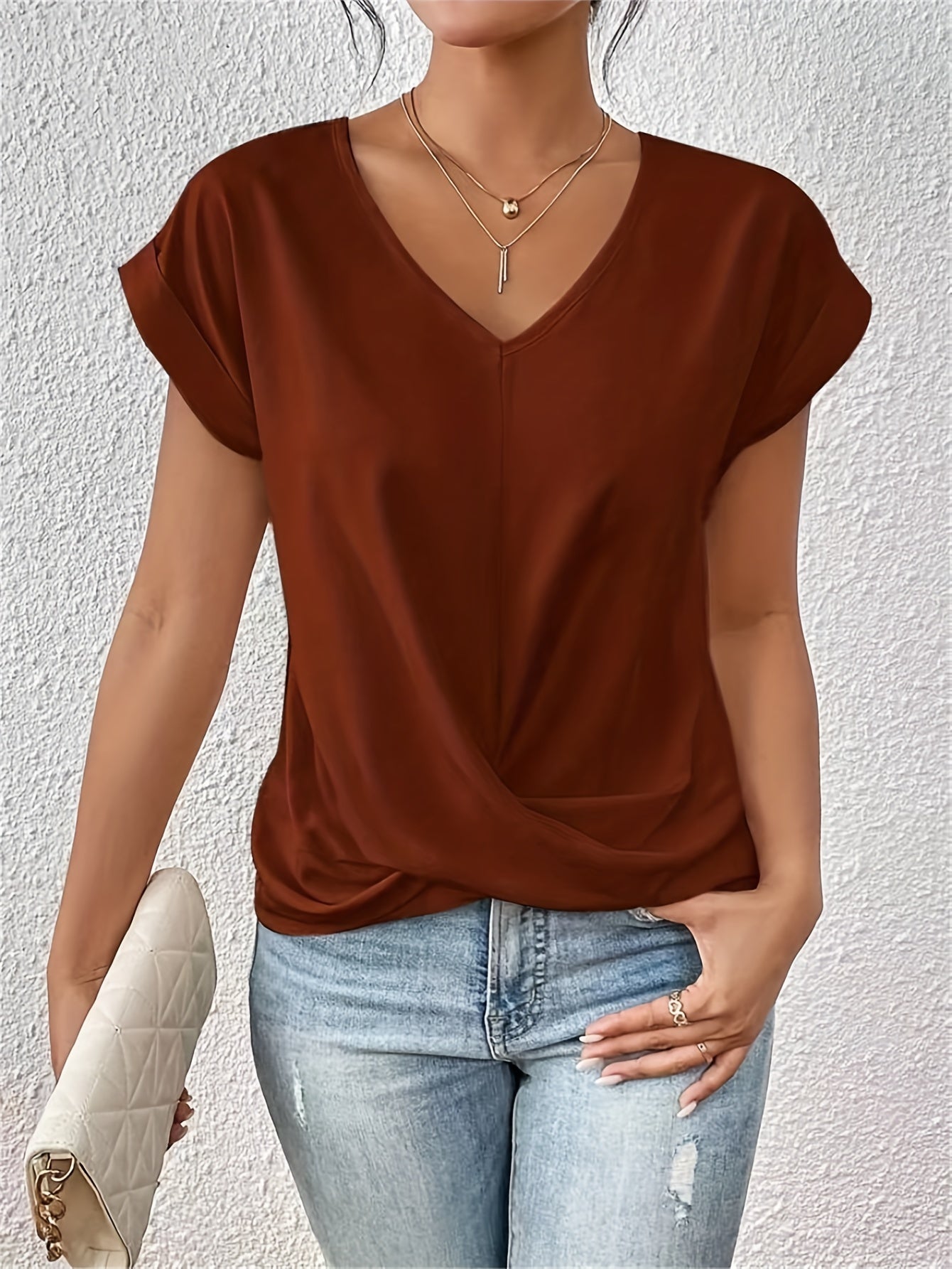 V-Neck Twist Front T-Shirt for Women with Short Sleeves and Relaxed Fit
