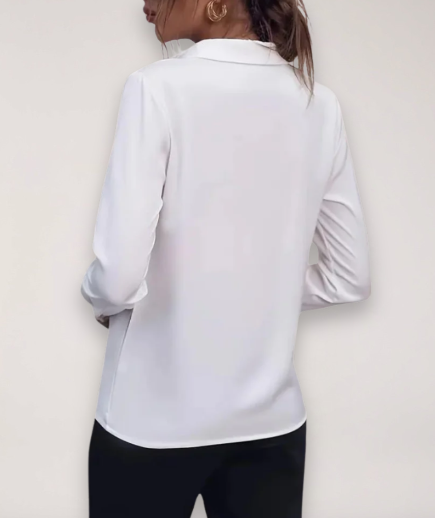 Button-Up Blouse with Classic Collar and Tapered Waist, Machine Washable