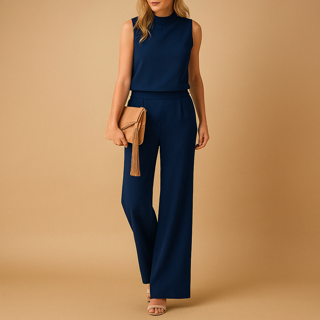 Wide Leg Jumpsuit with Round Neckline and Mid-Waist Fit, All-Season