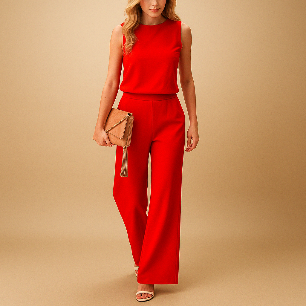 Wide Leg Jumpsuit with Round Neckline and Mid-Waist Fit, All-Season