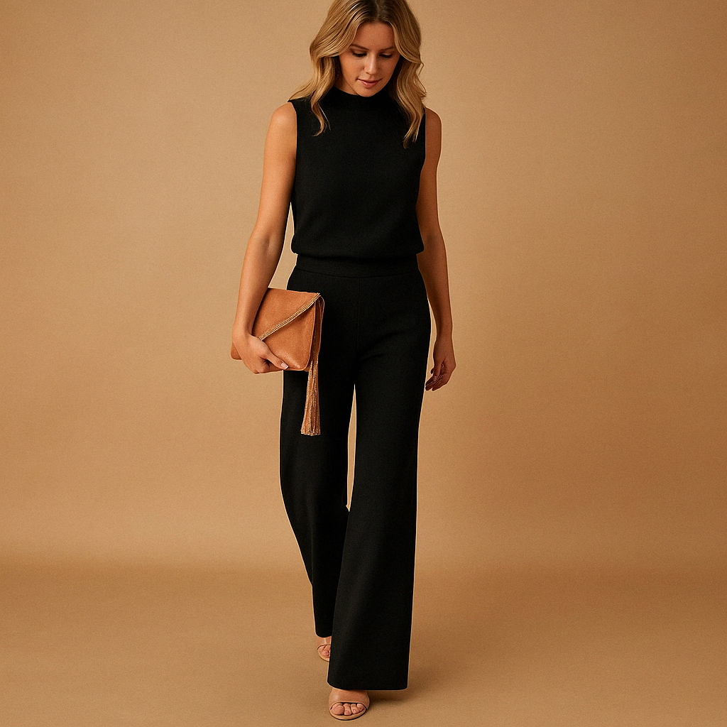 Wide Leg Jumpsuit with Round Neckline and Mid-Waist Fit, All-Season