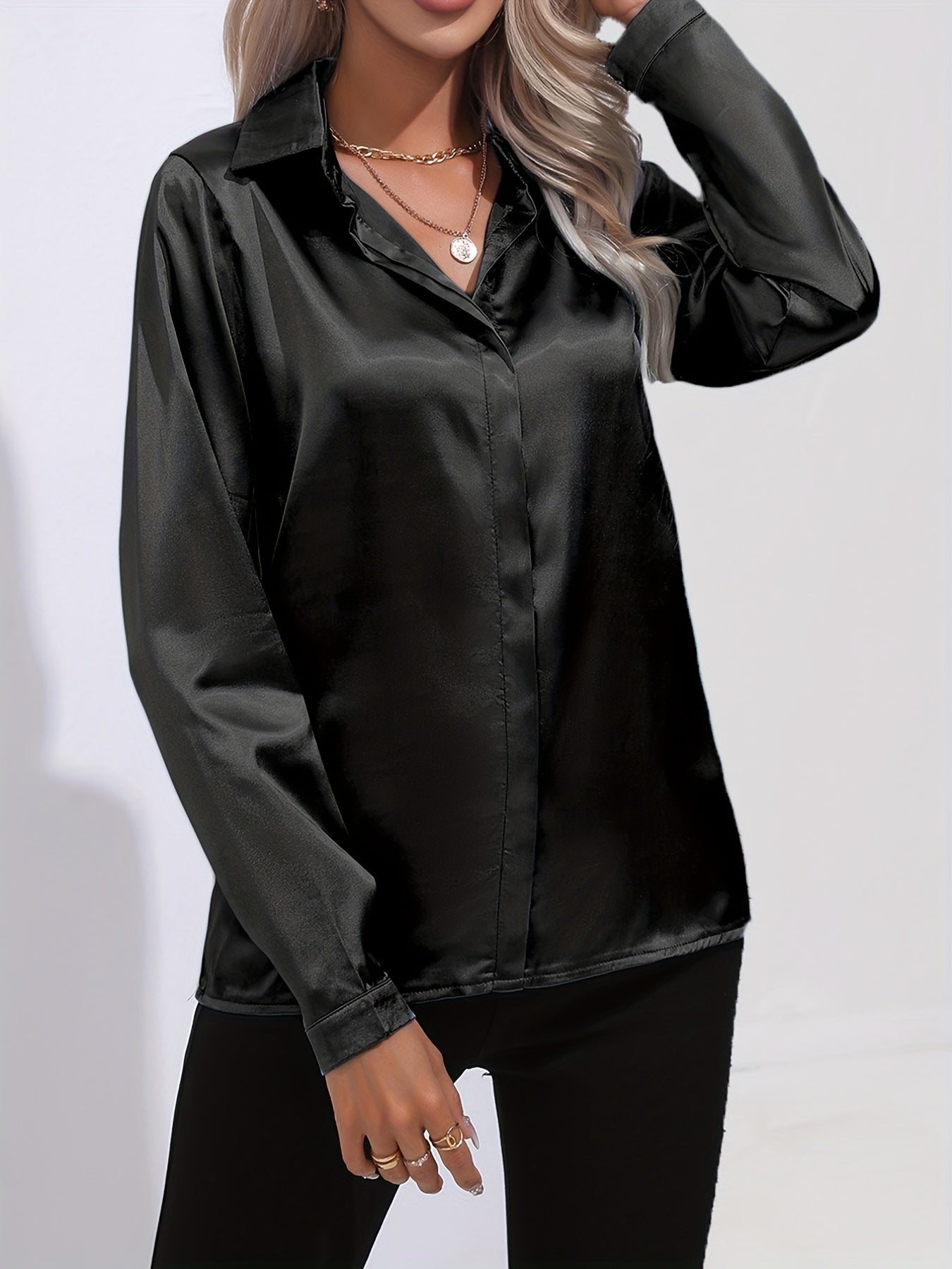 Satin Blouse for Women with Button Down Front and Long Sleeves, Tailored Relaxed Fit