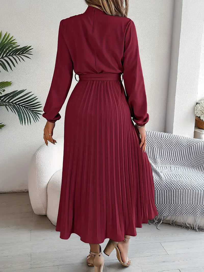 Long Sleeve Pleated Dress with Removable Belt and Hidden Zipper, Lightweight Polyester