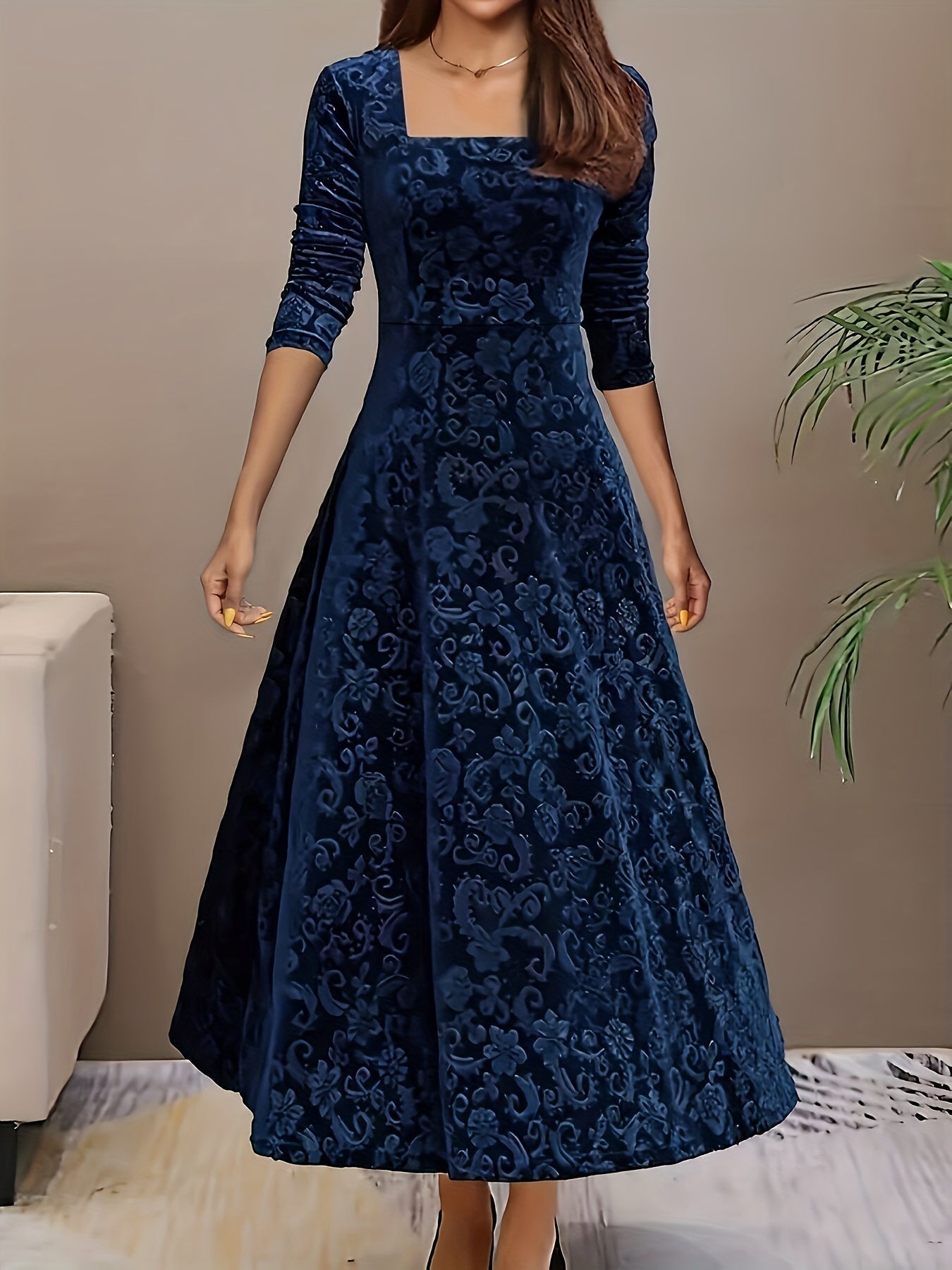 Velvet Midi Dress with Floral Embroidery and Three-Quarter Sleeves, Back Zipper