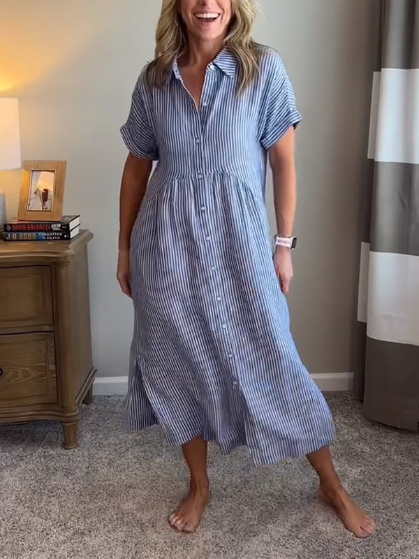 Button-Up Shirt with Collar and Vertical Stripes, Long Sleeve Relaxed Fit