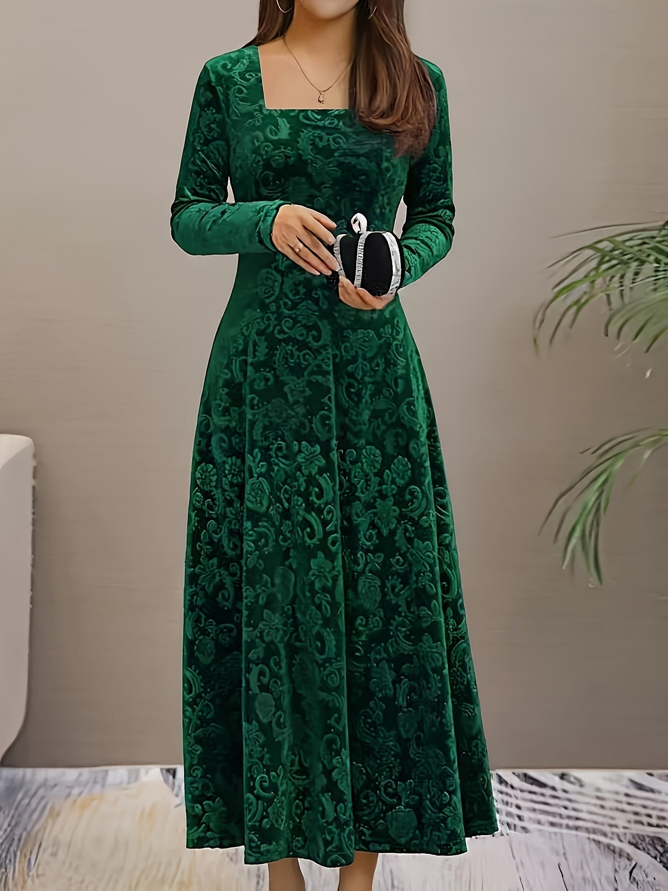 Velvet Midi Dress with Floral Embroidery and Three-Quarter Sleeves, Back Zipper