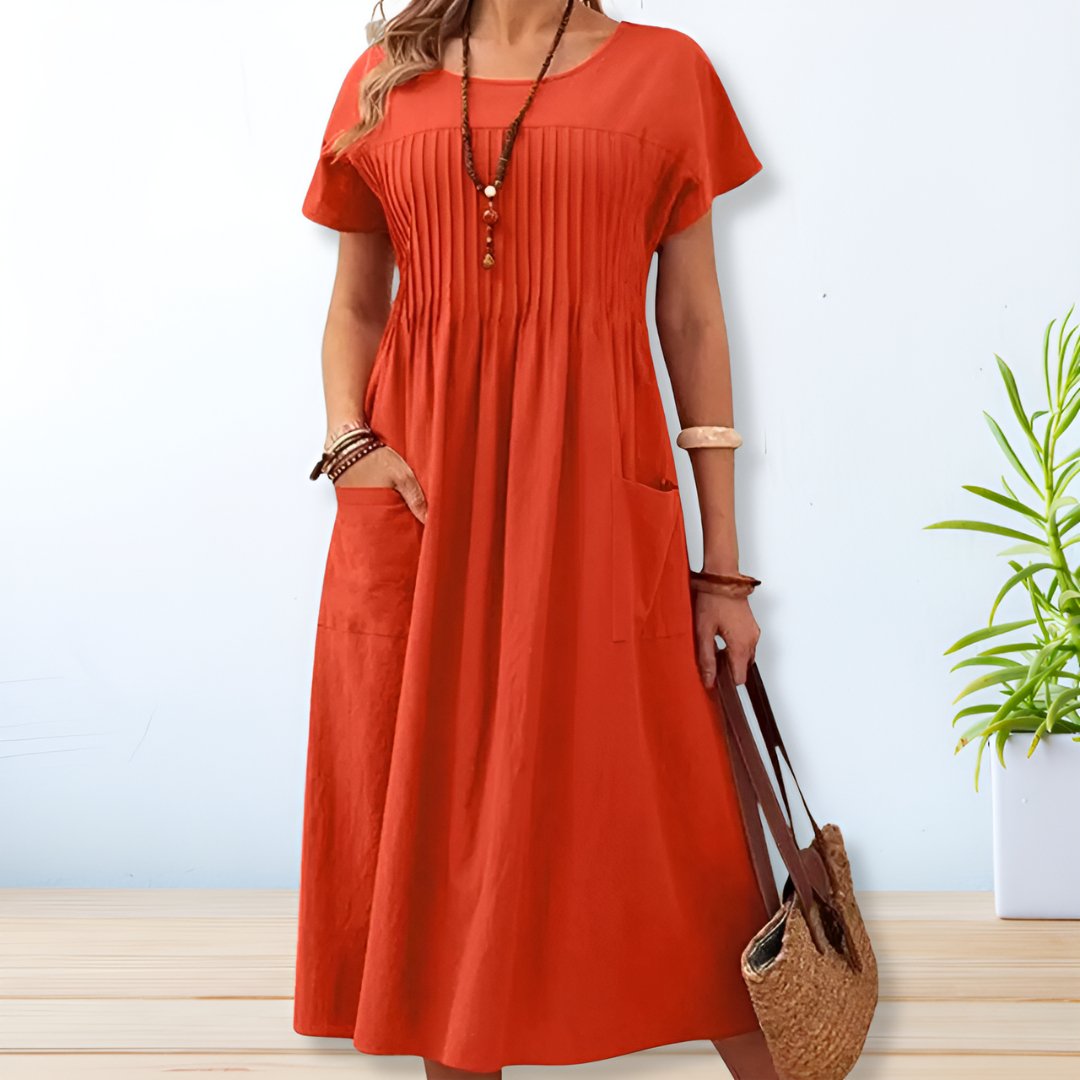 Relaxed Fit Dress with Side Seam Pockets and Short Sleeves, Mid-Length Cotton Blend