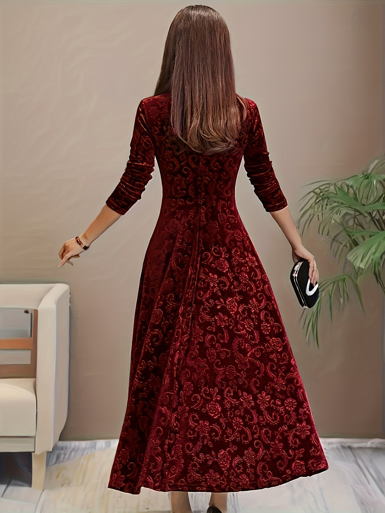 Velvet Midi Dress with Floral Embroidery and Three-Quarter Sleeves, Back Zipper