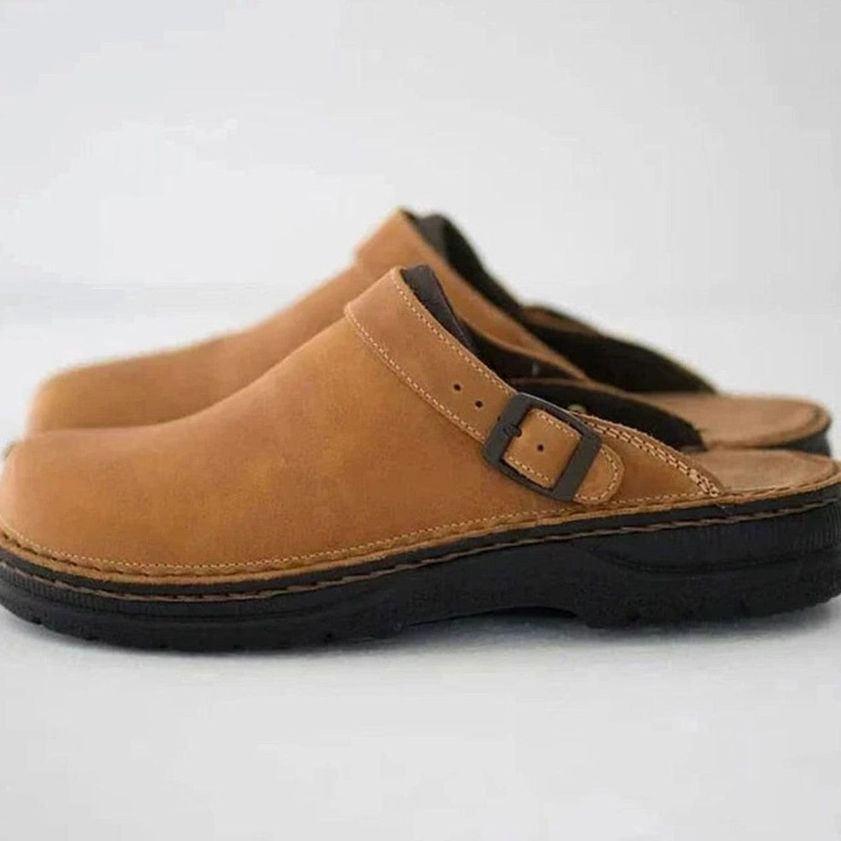 Men Round Toe Leather Mules with Adjustable Buckle Strap and Arch Support