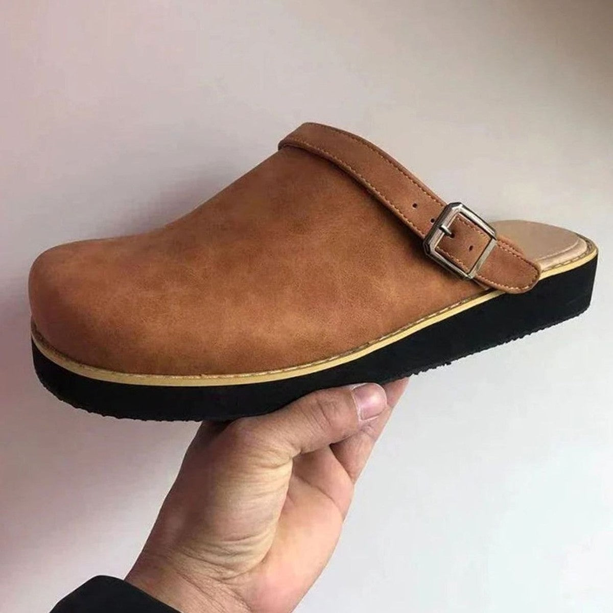 Men Round Toe Leather Mules with Adjustable Buckle Strap and Arch Support