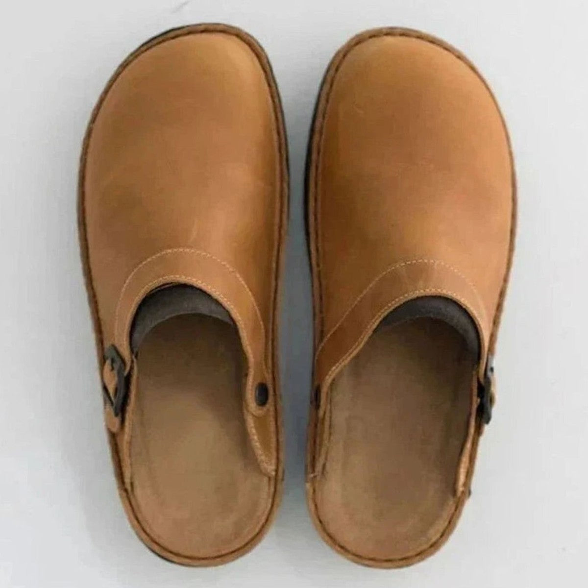 Men Round Toe Leather Mules with Adjustable Buckle Strap and Arch Support
