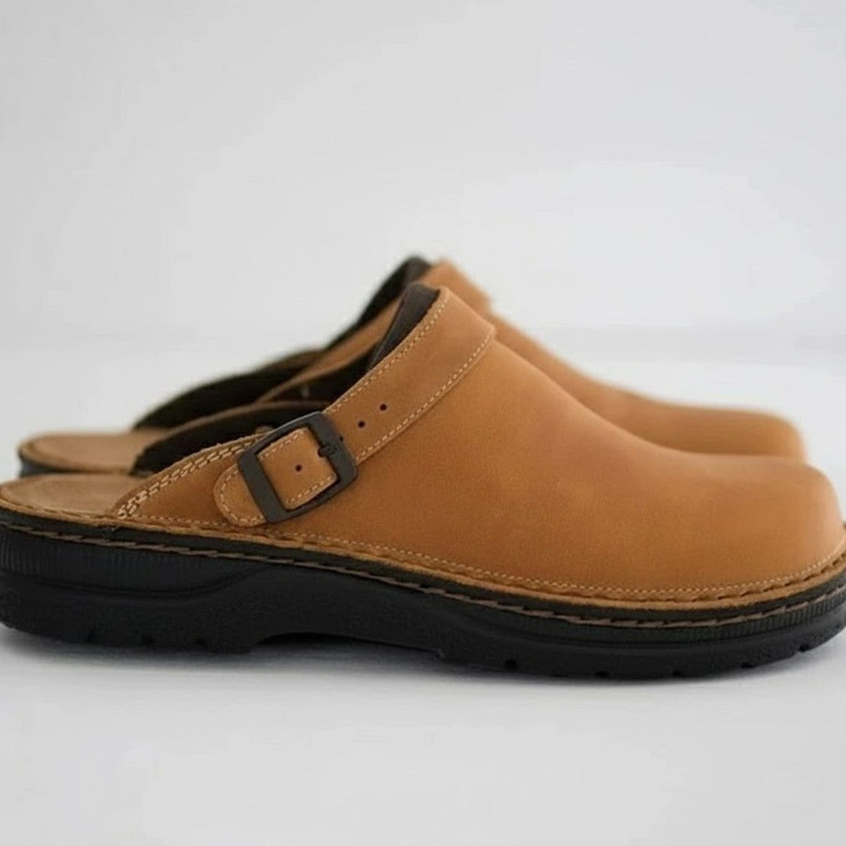 Men Round Toe Leather Mules with Adjustable Buckle Strap and Arch Support