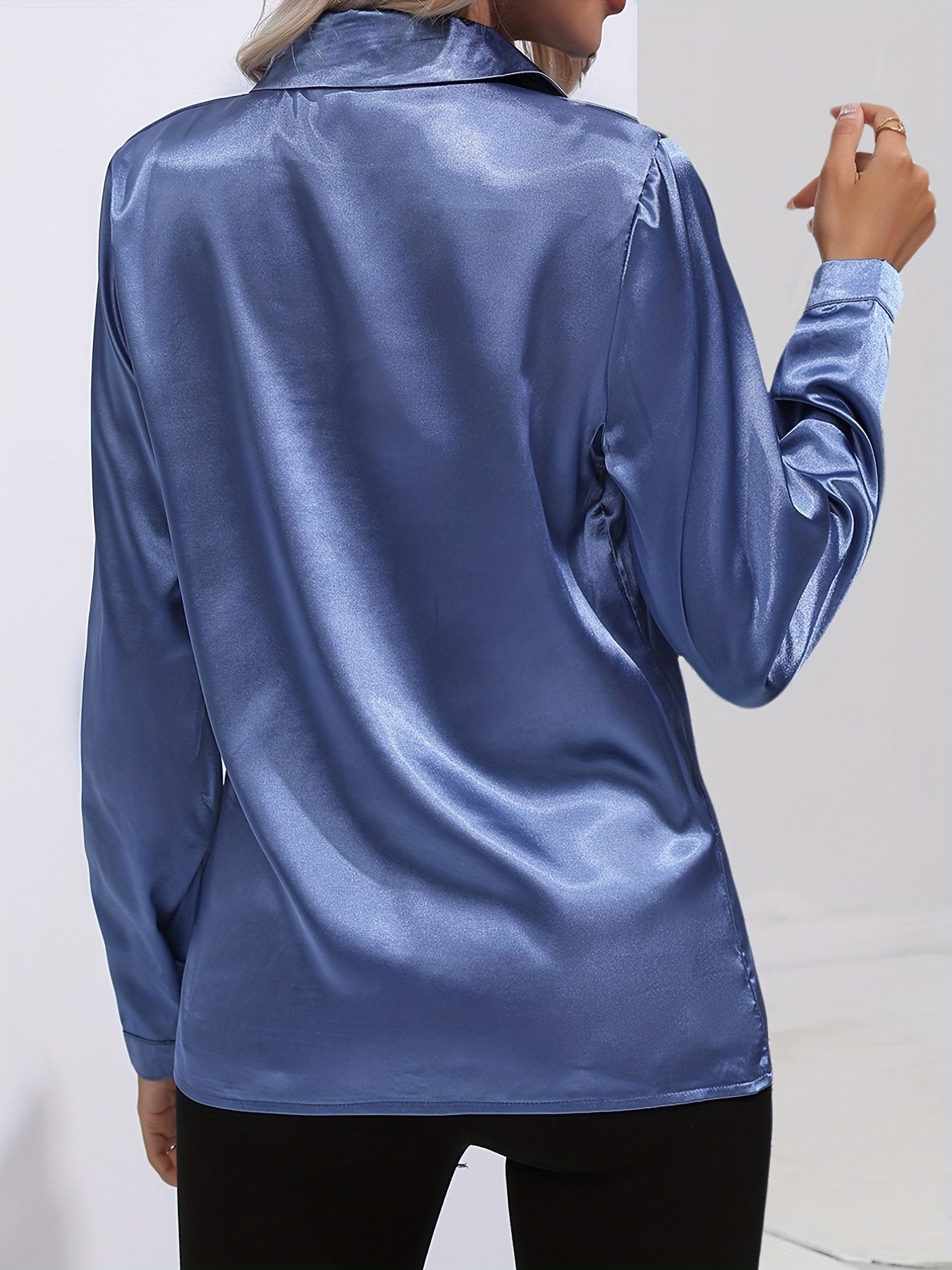 Satin Blouse for Women with Button Down Front and Long Sleeves, Tailored Relaxed Fit