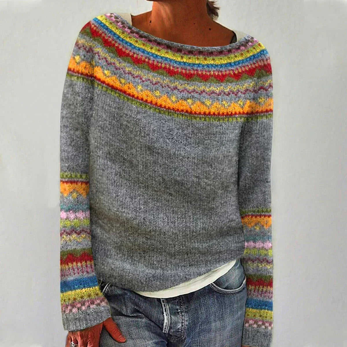 Multicolor Nordic-Inspired Sweater with Boat Neckline and Relaxed Fit