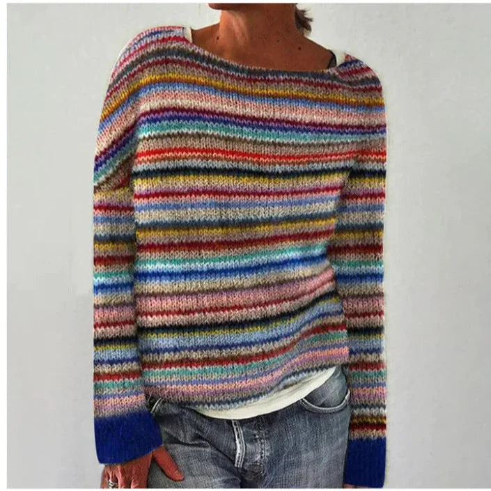Multicolor Nordic-Inspired Sweater with Boat Neckline and Relaxed Fit