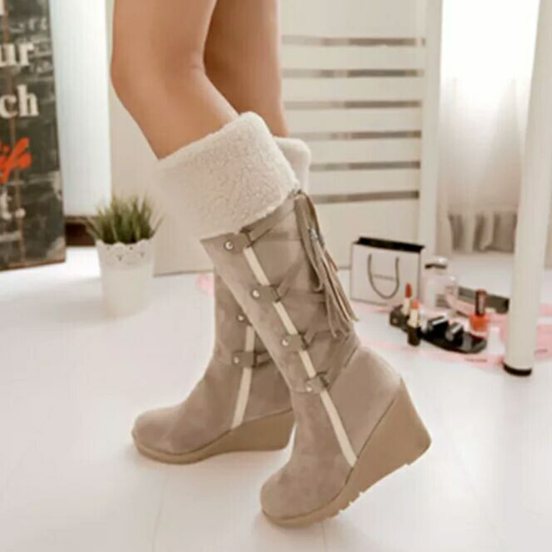Wedge Winter Boots for Women with Plush Faux Fur Lining and Side Zipper, Treaded Sole