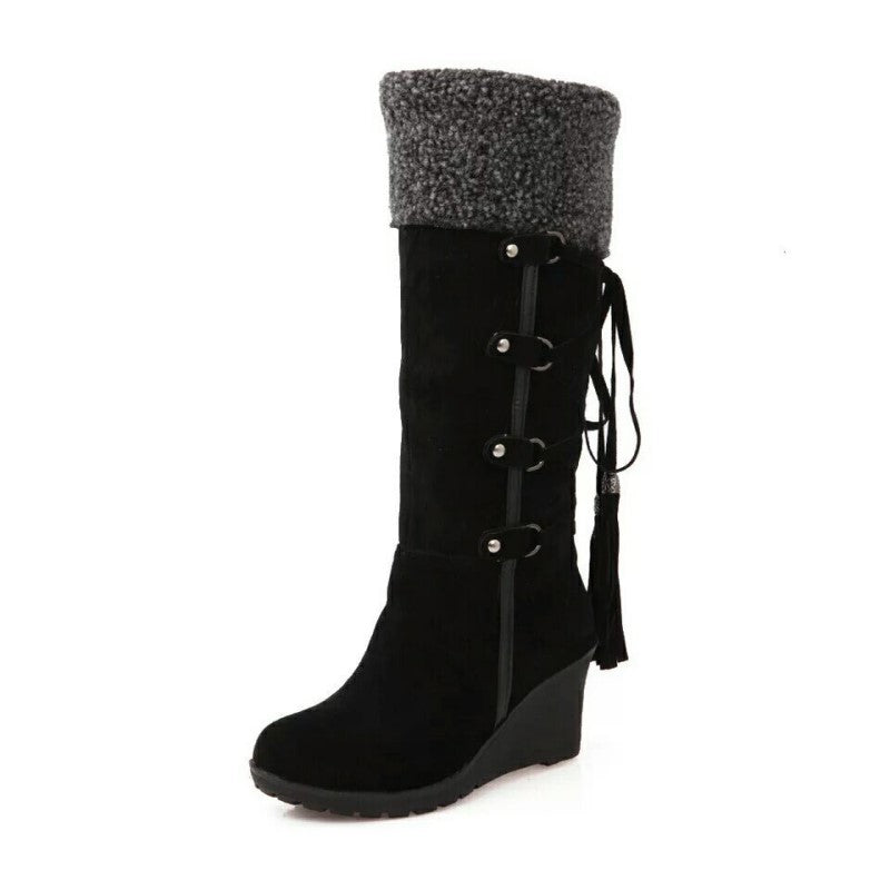 Wedge Winter Boots for Women with Plush Faux Fur Lining and Side Zipper, Treaded Sole