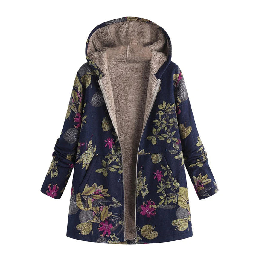 Women's Winter Coat with Adjustable Hood and All-Over Floral Print, Insulated Fill