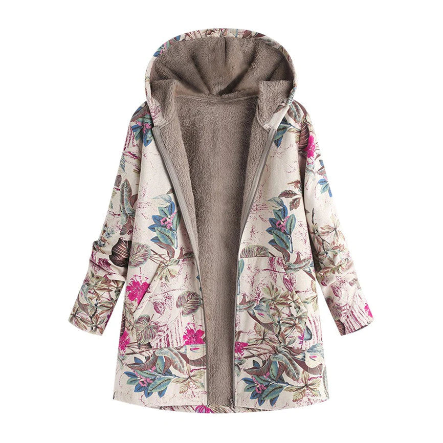 Women's Winter Coat with Adjustable Hood and All-Over Floral Print, Insulated Fill