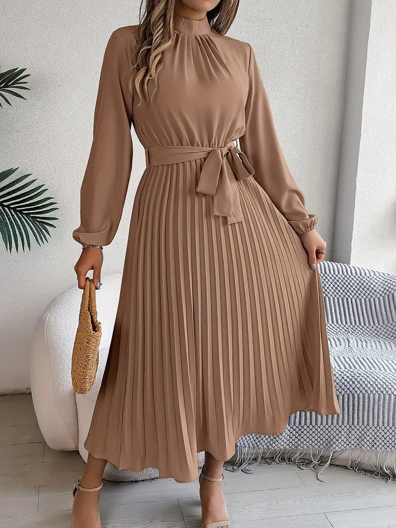 Long Sleeve Pleated Dress with Removable Belt and Hidden Zipper, Lightweight Polyester