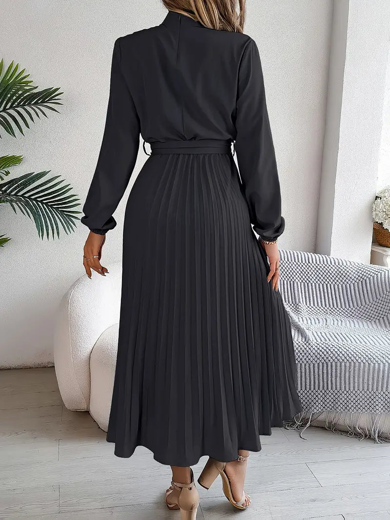 Long Sleeve Pleated Dress with Removable Belt and Hidden Zipper, Lightweight Polyester