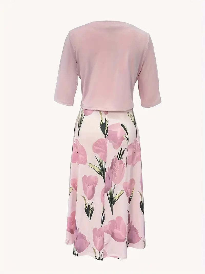 Women's Floral Maxi Dress with Cropped Jacket and Lightweight Breathable Fabric