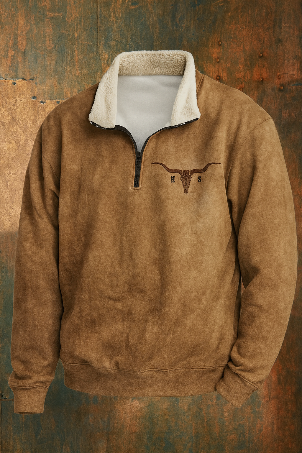 Men's Quarter-Zip Fleece Pullover with Sherpa Collar and Buffalo Skull Print, Relaxed Fit