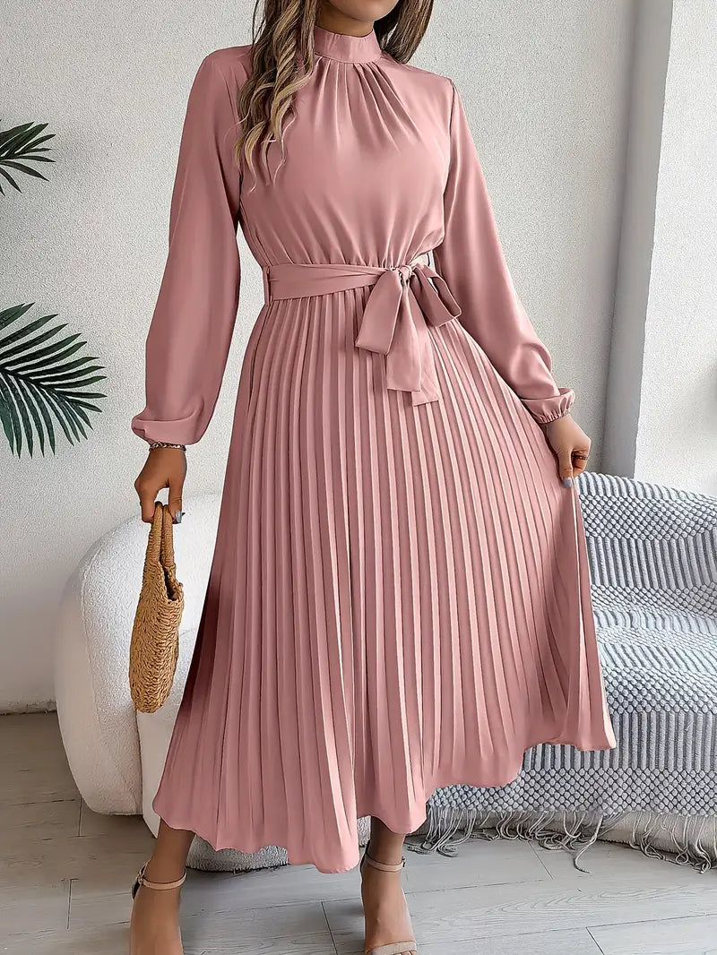 Long Sleeve Pleated Dress with Removable Belt and Hidden Zipper, Lightweight Polyester