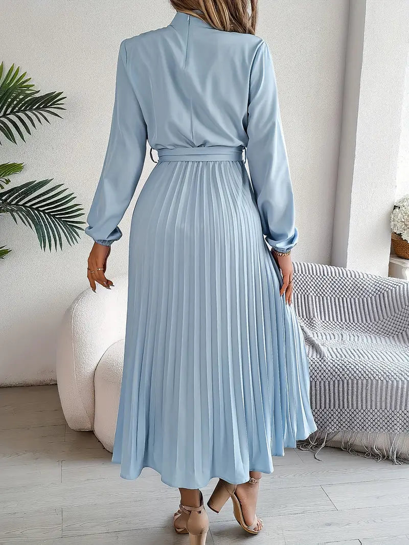 Long Sleeve Pleated Dress with Removable Belt and Hidden Zipper, Lightweight Polyester