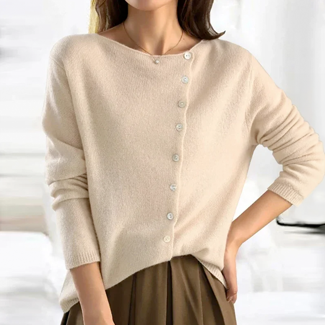 V-Neck Sweater with Button Front and Tailored Relaxed Fit, Soft Knit