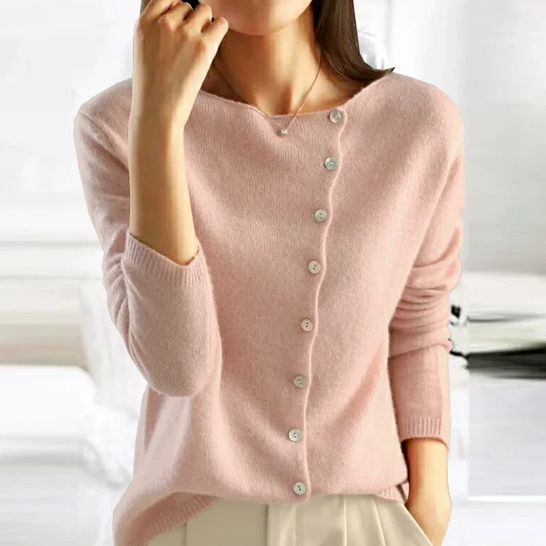 V-Neck Sweater with Button Front and Tailored Relaxed Fit, Soft Knit