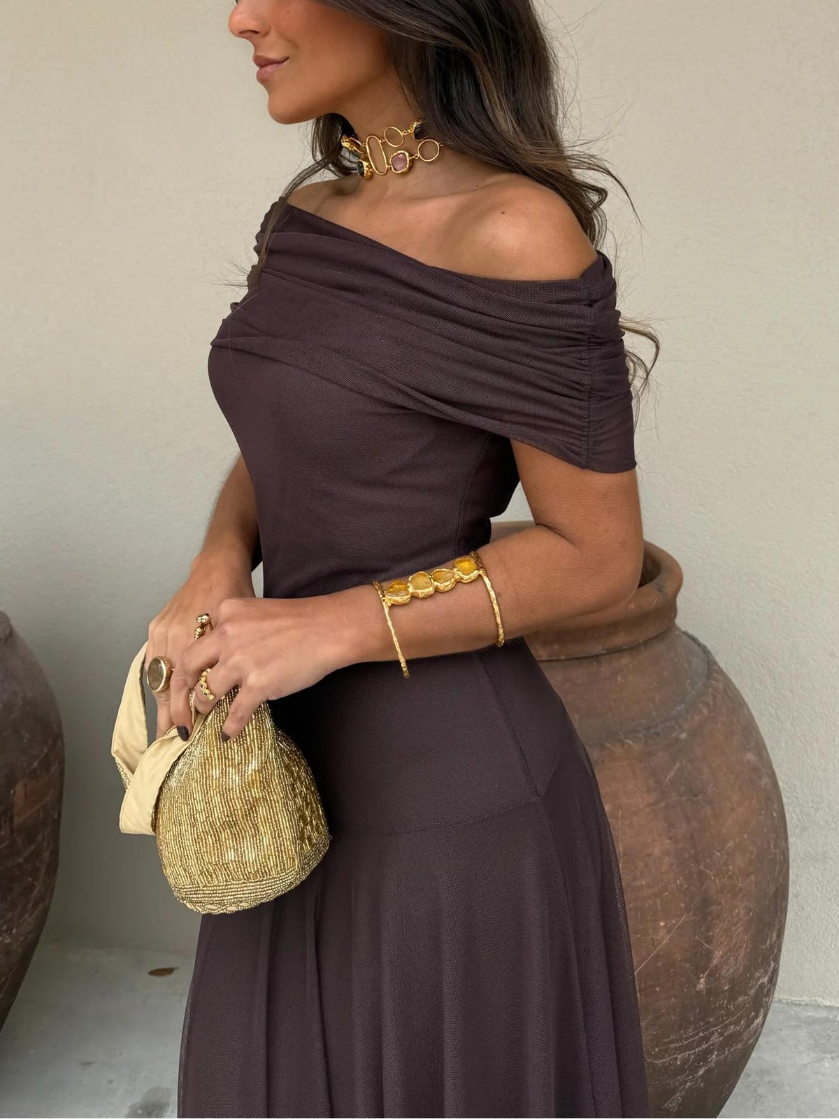 Versatile elegant brown off-shoulder maxi dress for women, perfect for evening galas, parties, or special events.