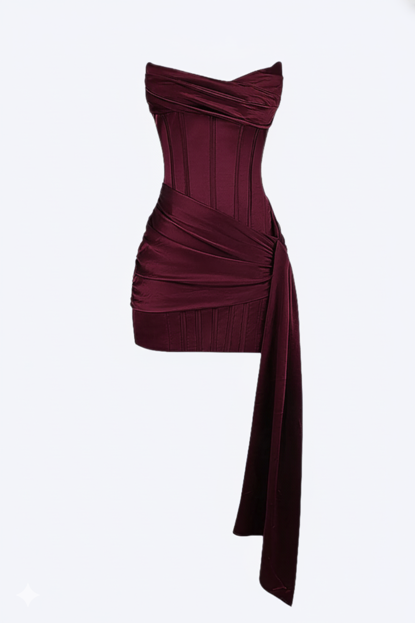 Elegant women's burgundy short evening dress, perfect for parties & special occasions. Fitted bodycon style.